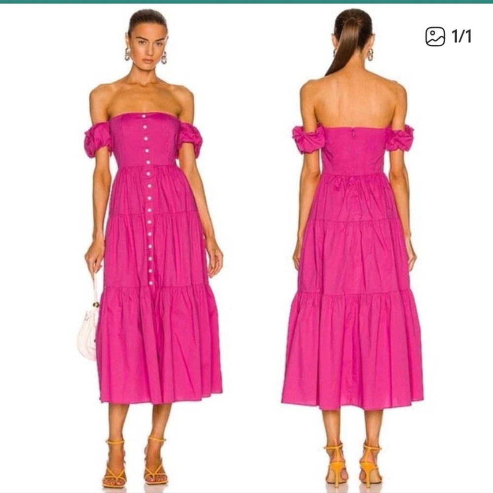 STAUD $285 Elio Off shoulder button front Maxi Dress in Pink NWOT